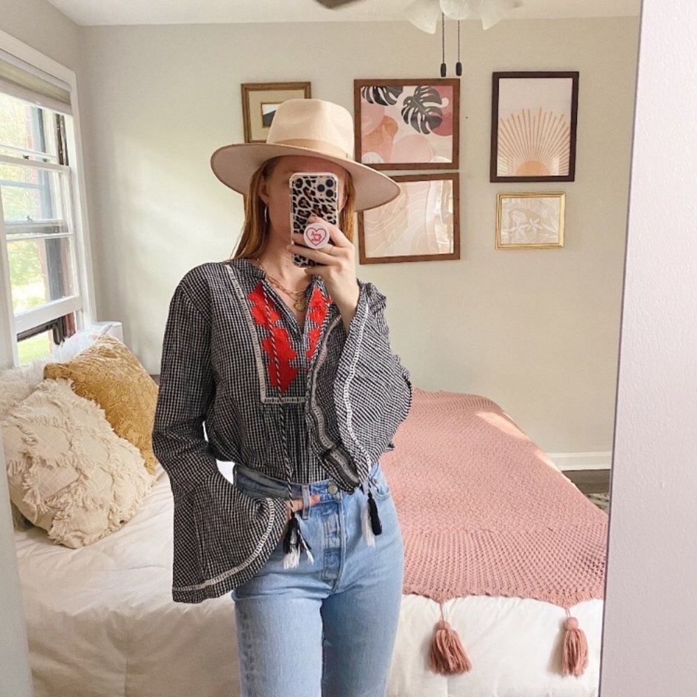 Gingham Red Embroidered Bell Sleeve Prarie Cottagecore Western Top
